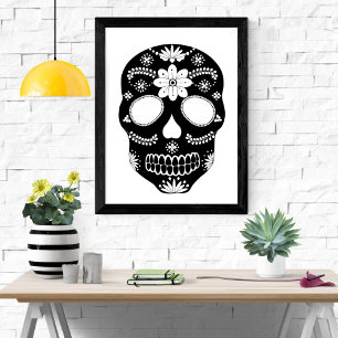 Mexican Sugar Skull Black And White Poster