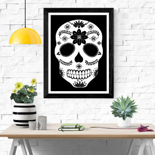 Mexican Sugar Skull Black And White Poster