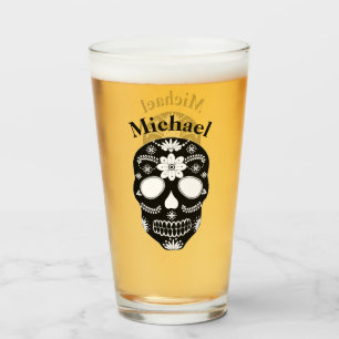 Mexican Sugar Skull Black And White With Name Glass