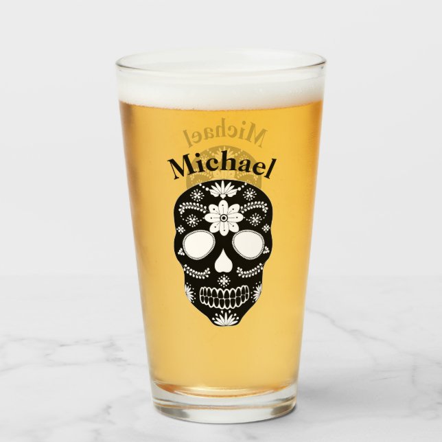 Mexican Sugar Skull Black And White With Name Glass (Front Filled)