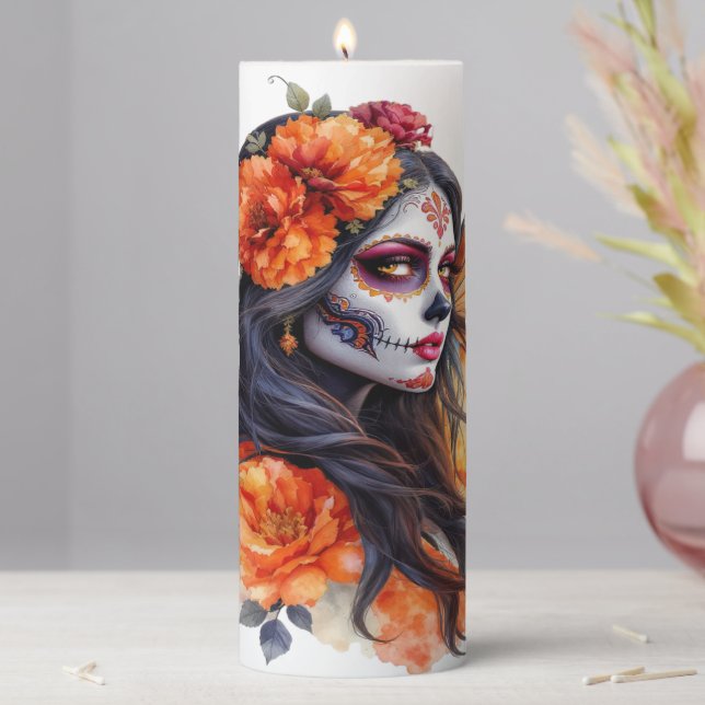 Mexican Sugar Skull Calavera Catrina Pillar Candle (In Situ)