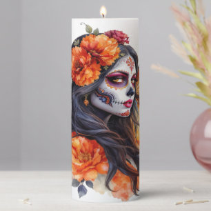 Mexican Sugar Skull Calavera Catrina Pillar Candle