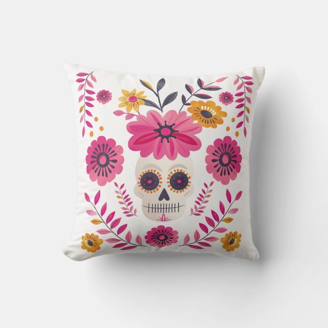 Mexican Sugar Skull Floral Cinco de Mayo Throw Pillow (Front)