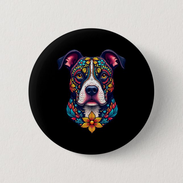 Mexican Sugar Skull Pitbull Dog Dia De Muertos Hal Button (Front)