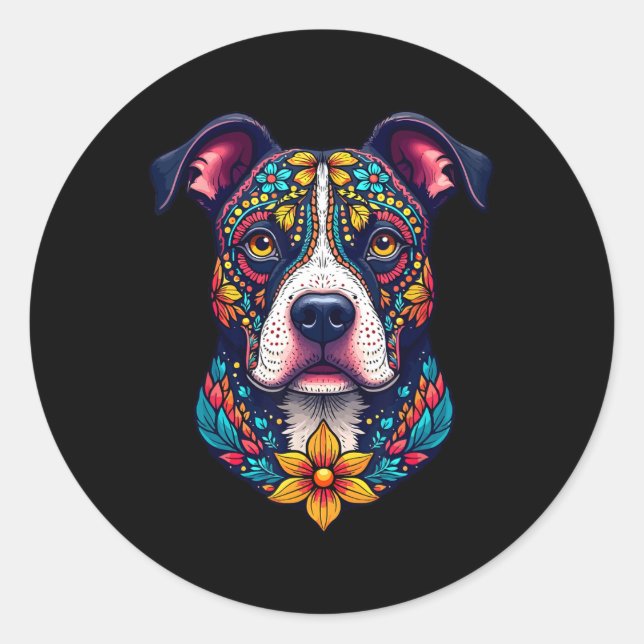 Mexican Sugar Skull Pitbull Dog Dia De Muertos Hal Classic Round Sticker (Front)