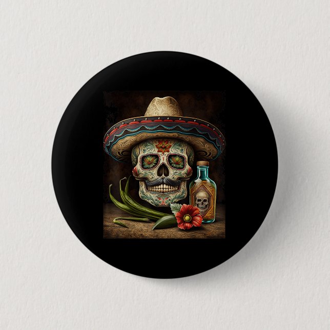 Mexican Sugar Skull Tequila Sombrero Cinco De Mayo Button (Front)