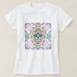 Mexican Sugar Skull with Blue flowers T-Shirt
