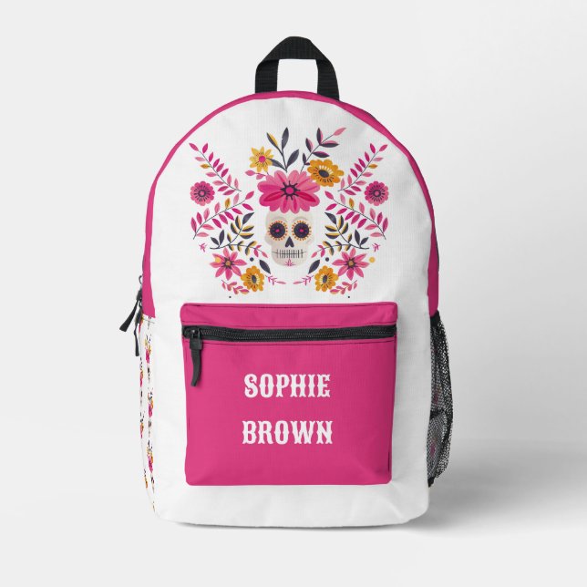Mexican Sugar Skull with Fuchsia Flowers& Name  Printed Backpack (Front)