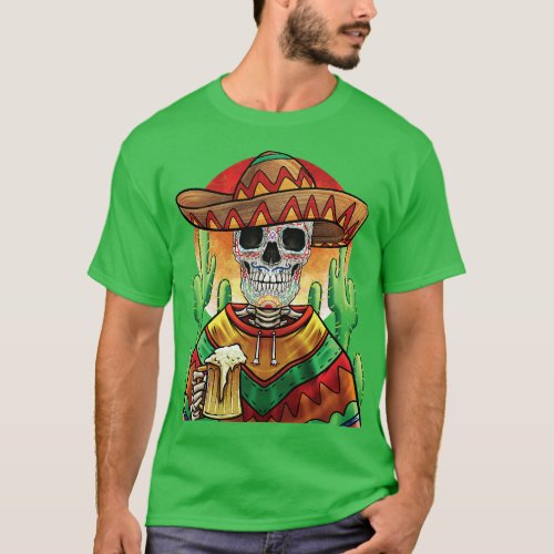 Mexican Sugar Skull with Sombrero and Beer Cinco D T_Shirt