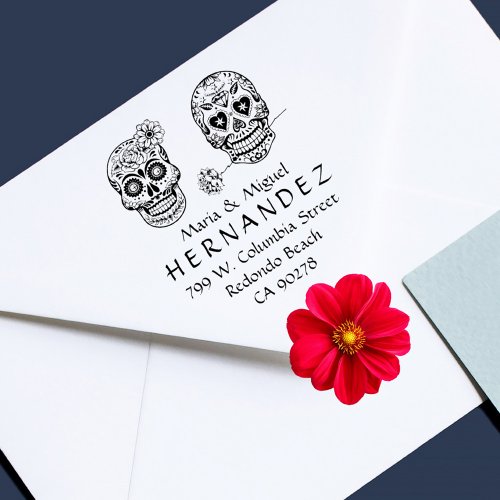 Mexican Sugar Skulls Married Couple Return Address Rubber Stamp