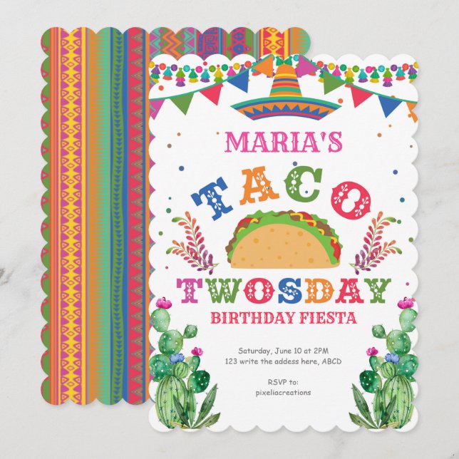 Mexican, Taco party fiesta, Taco Twosday, Girl 2nd Invitation (Front/Back)