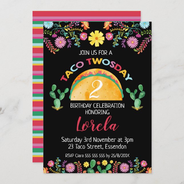 Mexican Taco Twosday 2nd Birthday Invitation (Front/Back)