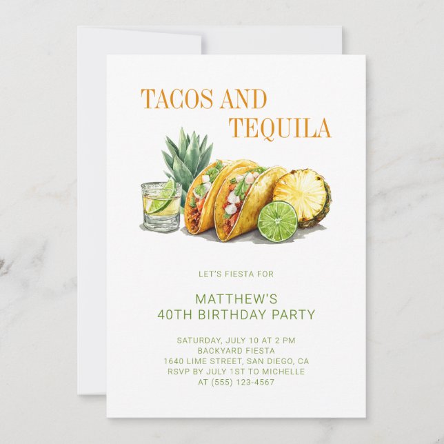 Mexican Tacos and Tequila 40th Birthday Party Invitation (Front)