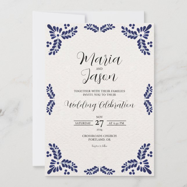 Mexican Talavera Black Floral Minimalist Wedding Invitation (Front)