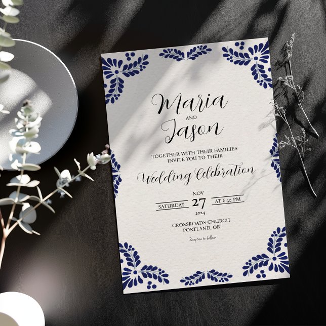 Mexican Talavera Black Floral Minimalist Wedding Invitation (Mexican Talavera Black Floral Minimalist Wedding Invitation)