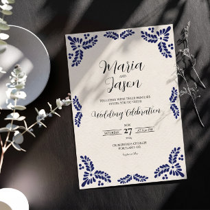 Mexican Talavera Black Floral Minimalist Wedding Invitation