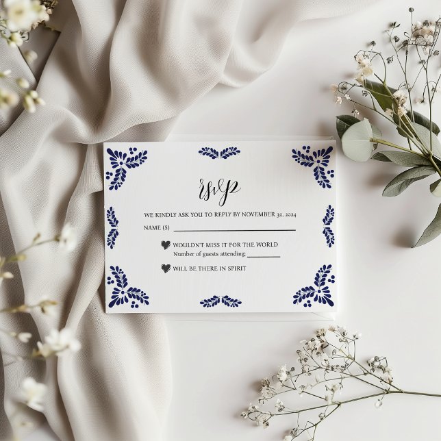 Mexican Talavera Black Floral Minimalist Wedding RSVP Card (Mexican Talavera Black Floral Minimalist Wedding RSVP Card)