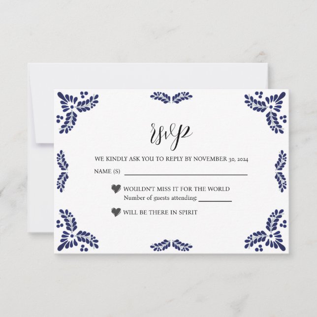 Mexican Talavera Black Floral Minimalist Wedding RSVP Card (Front)
