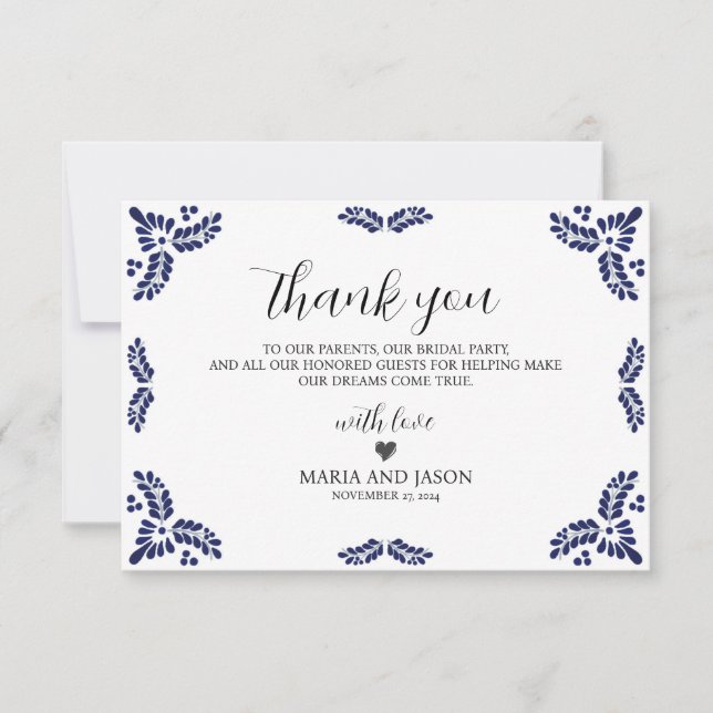 Mexican Talavera Black Floral Minimalist Wedding Thank You Card (Front)