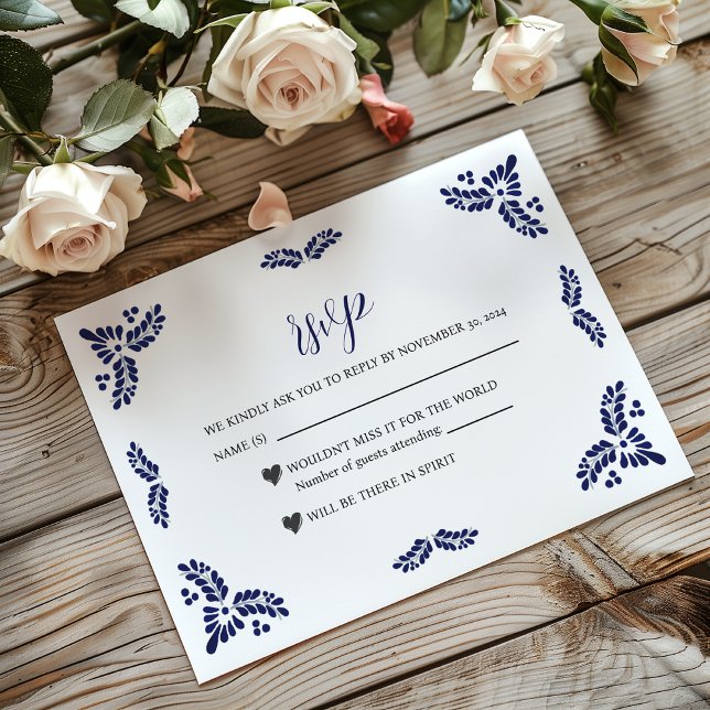 Mexican Talavera Blue Floral Minimalist Wedding RSVP Card (Mexican Talavera Blue Floral Minimalist Wedding RSVP Card)