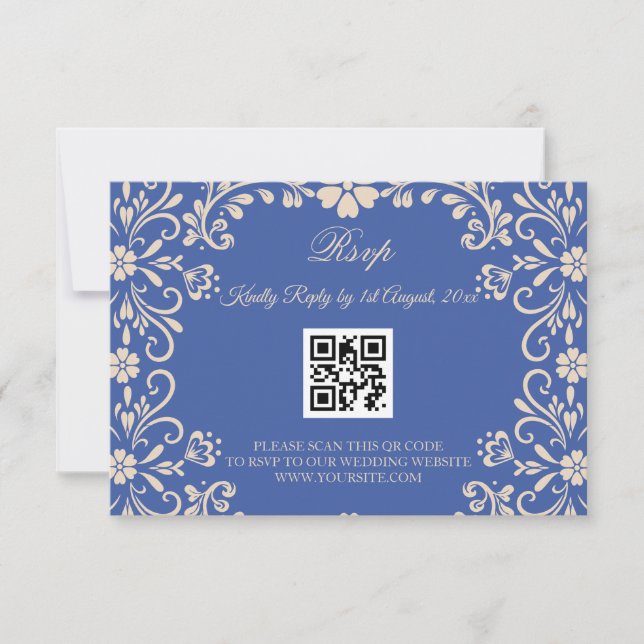 Mexican Talavera Blue Wedding QR RSVP Card (Front)