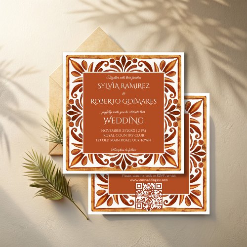 Mexican Talavera brown elegant wedding with RSVP Invitation