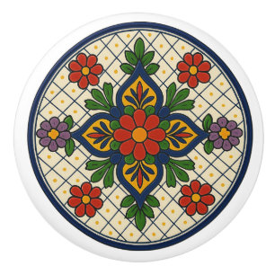 Mexican Talavera Fancy Floral Folk Art Grid Knob