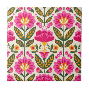 Mexican Talavera Flowers Fuchsia Pink Floral Ceramic Tile