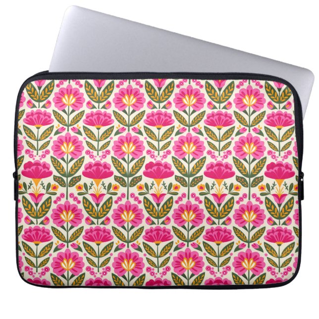 Mexican Talavera Flowers Retro Pink Botanical Laptop Sleeve (Front)