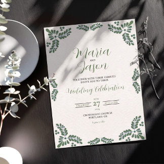 Mexican Talavera Green Floral Minimalist Wedding Invitation