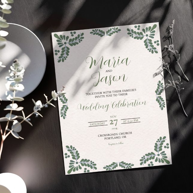 Mexican Talavera Green Floral Minimalist Wedding Invitation (Mexican Talavera Green Floral Minimalist Wedding Invitation)
