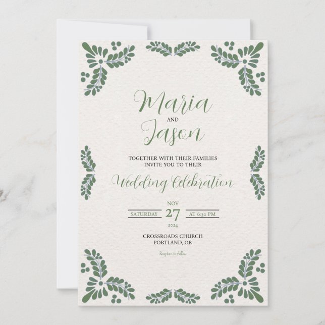 Mexican Talavera Green Floral Minimalist Wedding Invitation (Front)