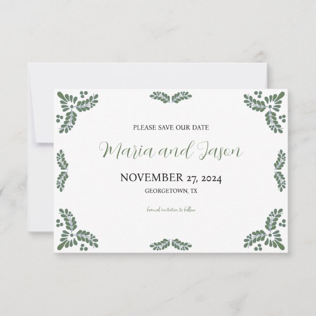 Mexican Talavera Green Floral Minimalist Wedding Save The Date (Front)