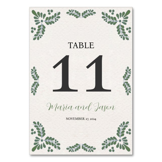Mexican Talavera Green Floral Minimalist Wedding Table Number (Front)