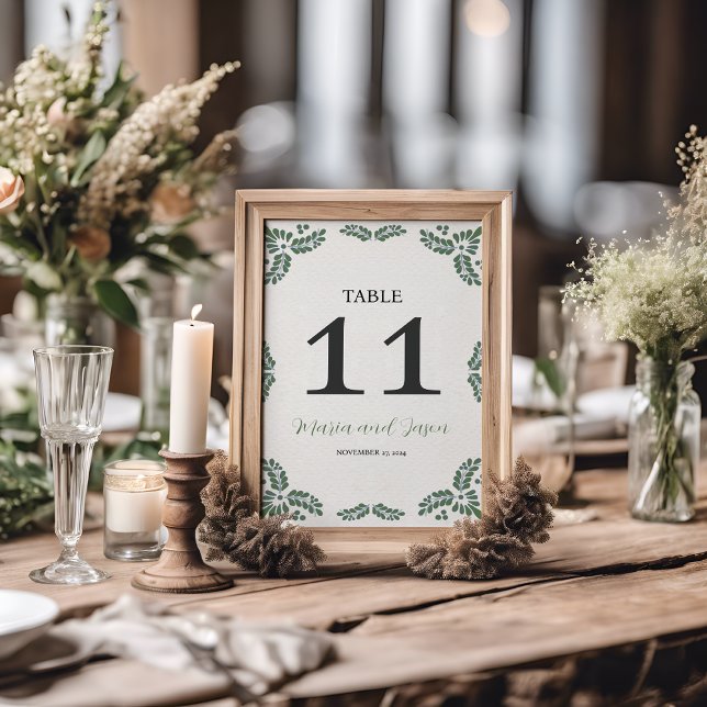 Mexican Talavera Green Floral Minimalist Wedding Table Number (Mexican Talavera Green Floral Minimalist Wedding Table Number)