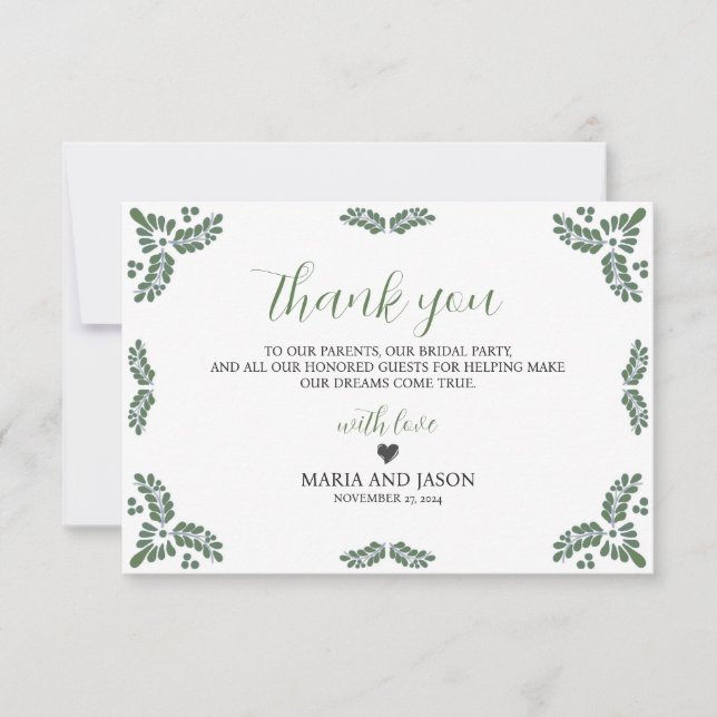 Mexican Talavera Green Floral Minimalist Wedding Thank You Card (Front)