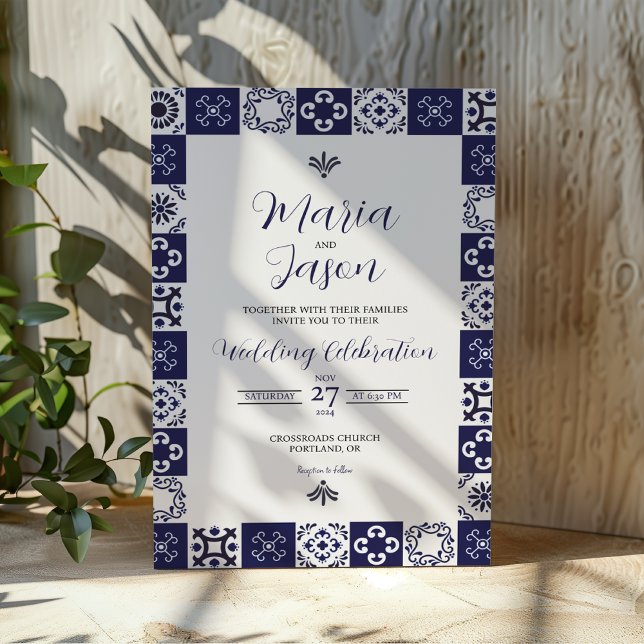 Mexican Talavera Majolica Navy Blue White Wedding Invitation (Mexican Talavera Majolica Navy Blue White Wedding Invitation)
