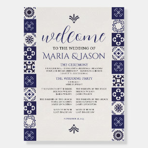 Mexican Talavera Navy Blue White Wedding Program Foam Board