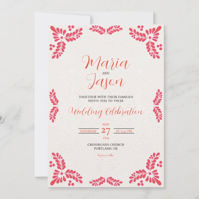 Mexican Talavera Orange Floral Minimalist Wedding Invitation (Front)