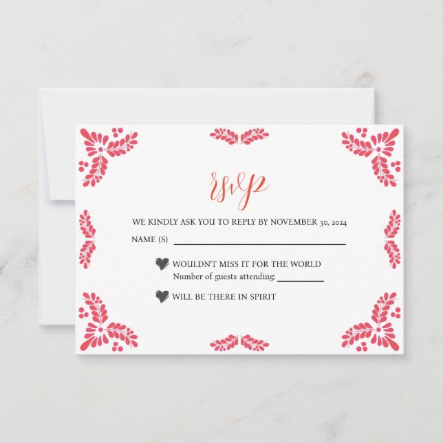 Mexican Talavera Orange Floral Minimalist Wedding RSVP Card (Front)
