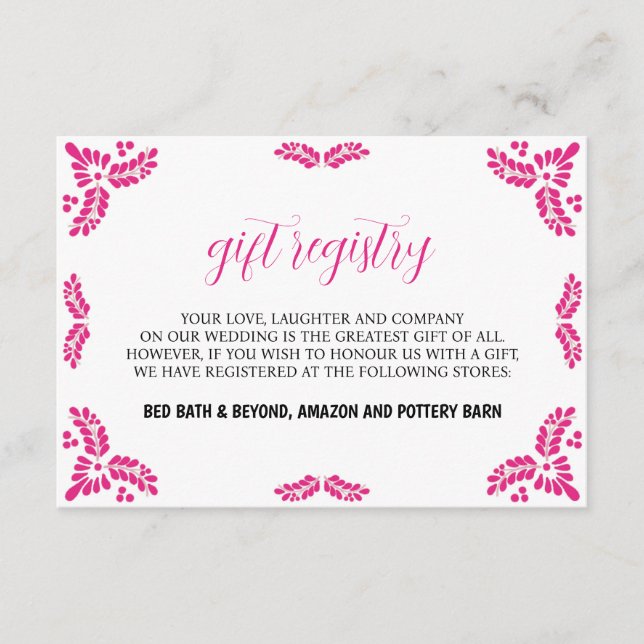 Mexican Talavera Pink Floral Minimalist Wedding Enclosure Card (Front)