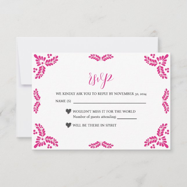 Mexican Talavera Pink Floral Minimalist Wedding RSVP Card (Front)