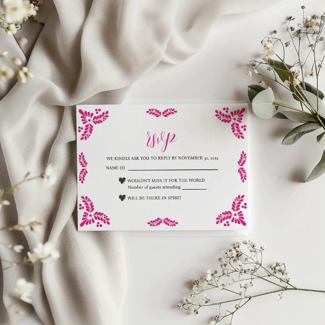 Mexican Talavera Pink Floral Minimalist Wedding RSVP Card (Mexican Talavera Pink Floral Minimalist Wedding RSVP Card)