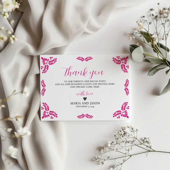 Mexican Talavera Pink Floral Minimalist Wedding Thank You Card (Mexican Talavera Pink Floral Minimalist Wedding Thank You Card)