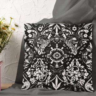 Mexican Talavera Pottery Tile Black White Throw Pillow