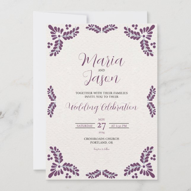 Mexican Talavera Purple Floral Minimalist Wedding Invitation (Front)