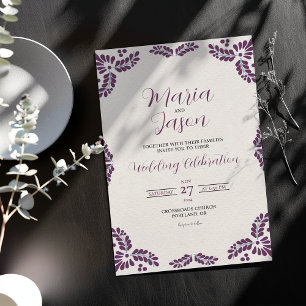 Mexican Talavera Purple Floral Minimalist Wedding Invitation