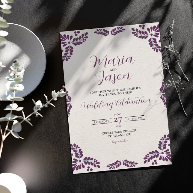 Mexican Talavera Purple Floral Minimalist Wedding Invitation (Mexican Talavera Purple Floral Minimalist Wedding Invitation)