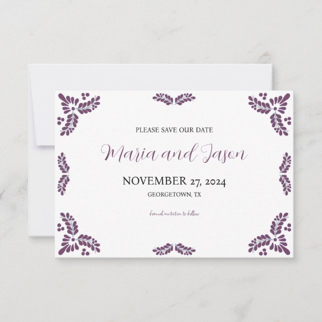 Mexican Talavera Purple Floral Minimalist Wedding Save The Date (Front)