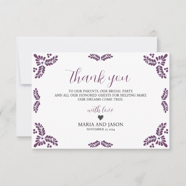 Mexican Talavera Purple Floral Minimalist Wedding Thank You Card (Front)